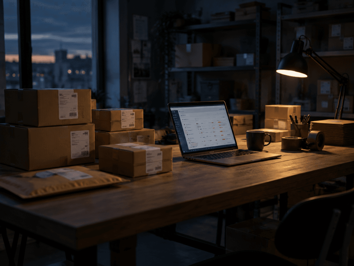 Parcels with shipping labels on a packing table next to an open laptop
