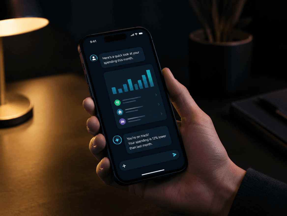 A hand holding a phone with a banking app open