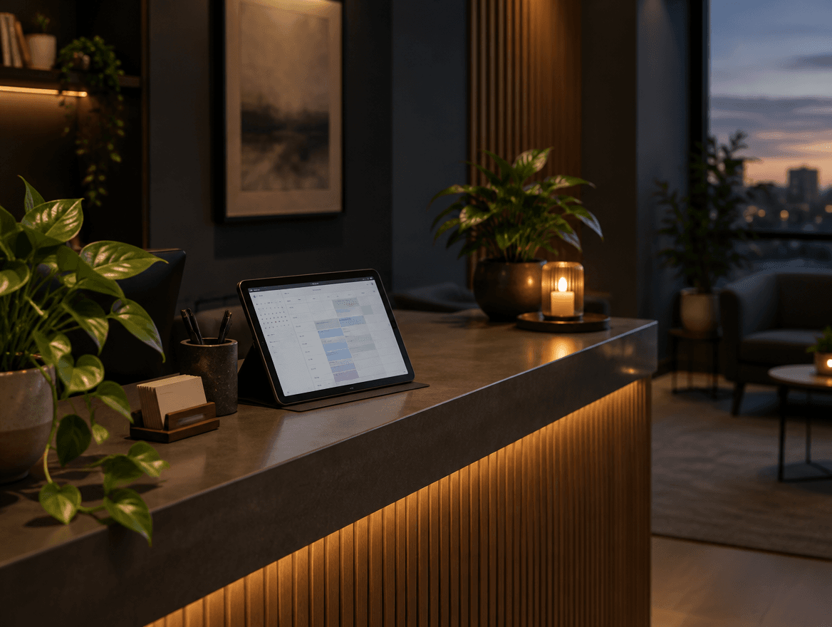 A clinic reception desk with a tablet showing an appointment calendar