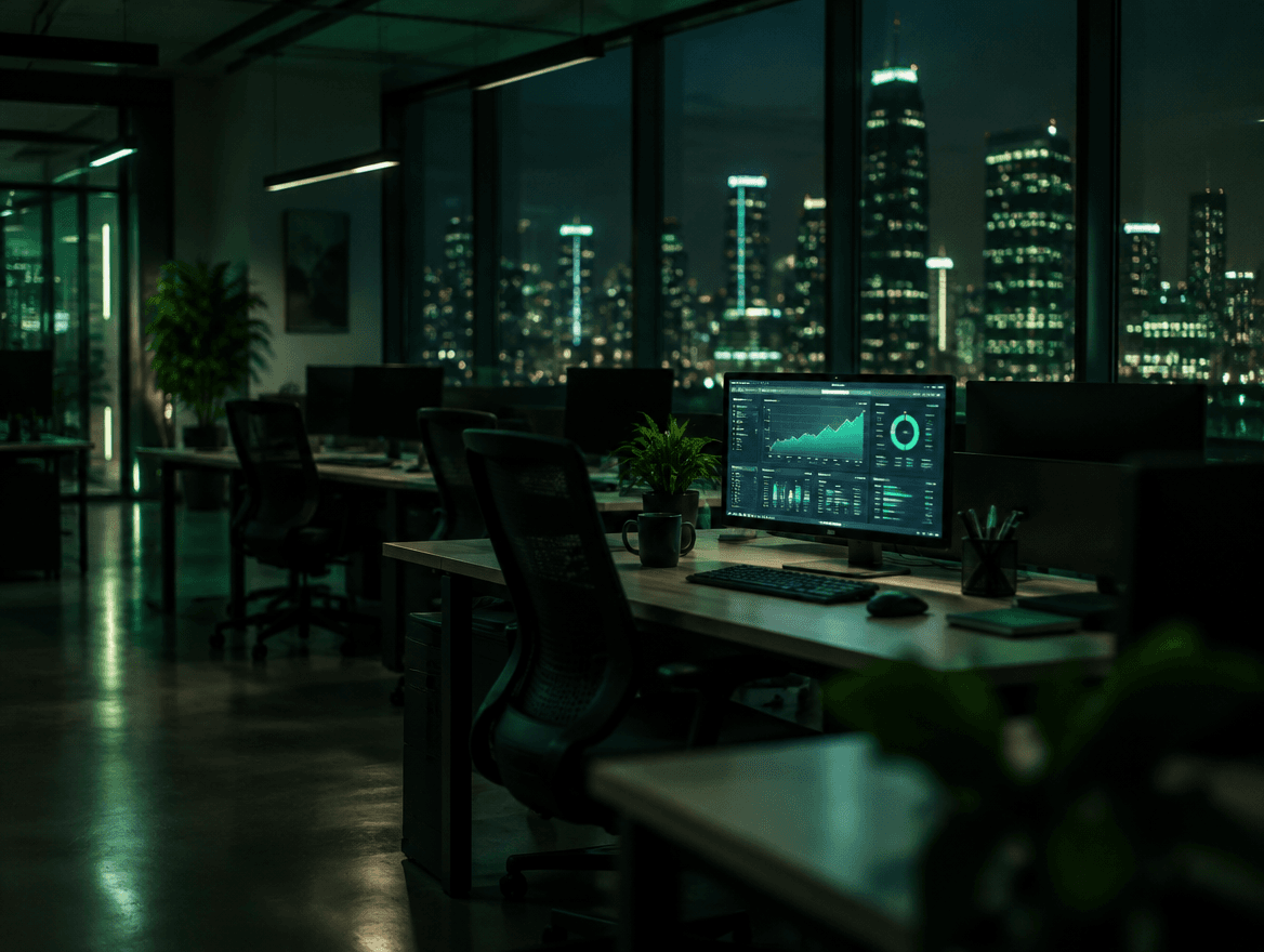 An empty startup office at night with one monitor glowing